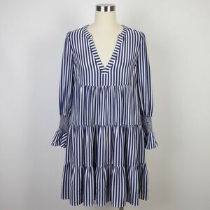 Pomander Place Striped Tiered Mini Dress Womens Small Blue White Long Sleeve